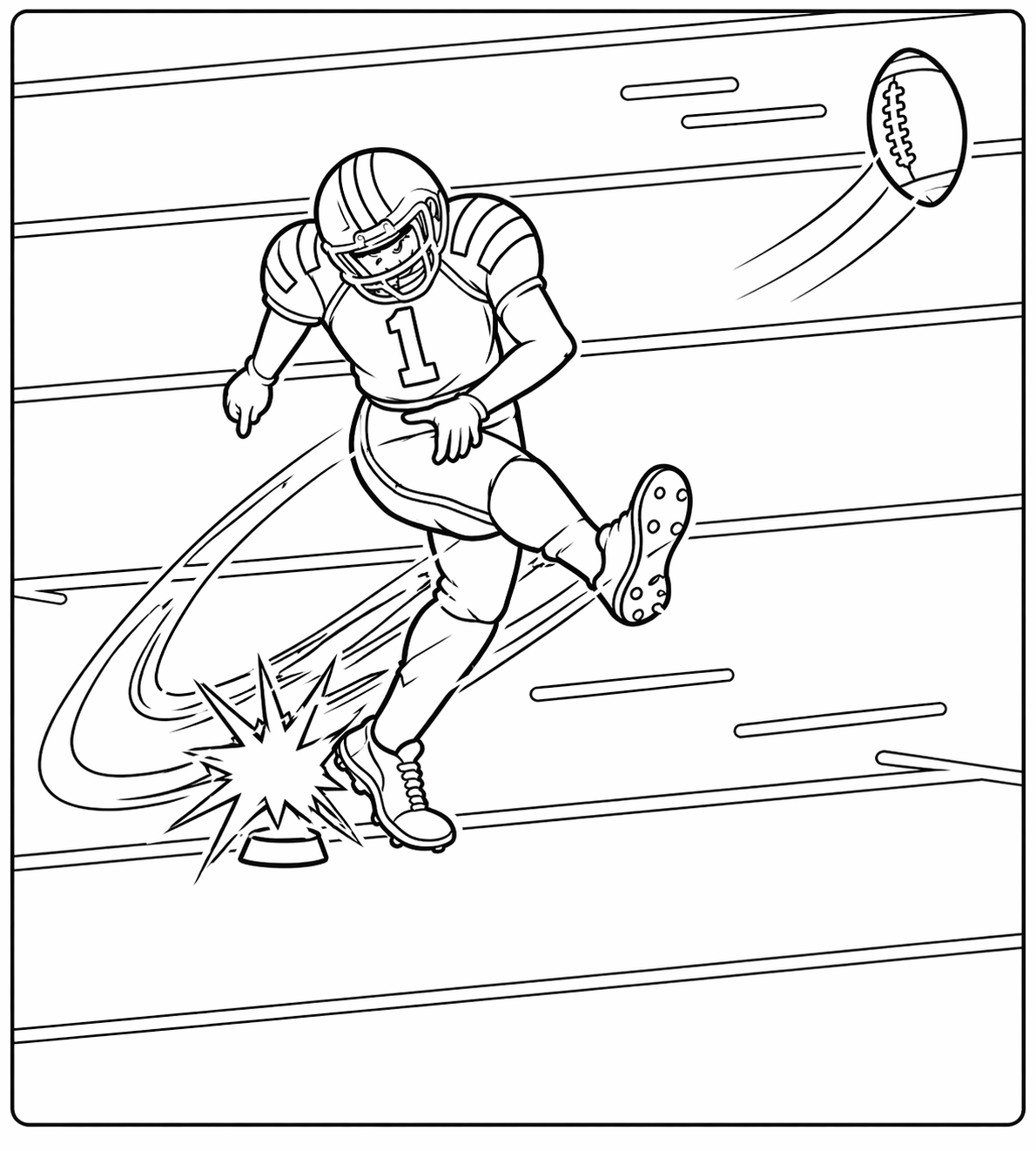Football kicker in action — coloring page