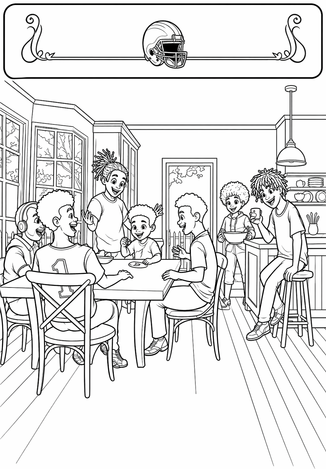 Kids gathered around the kitchen table — coloring page